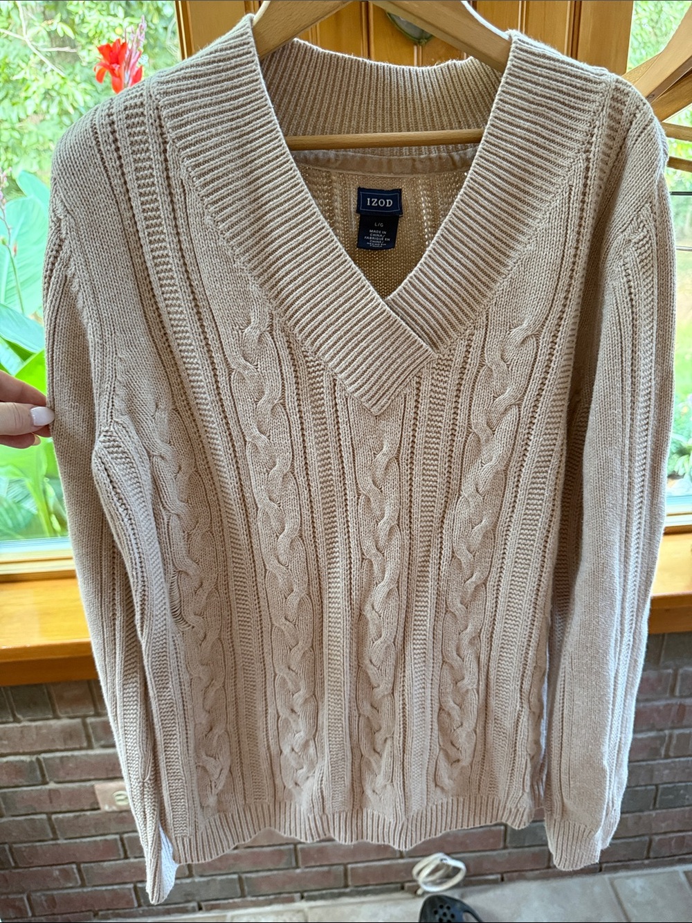 Izod Cable Knit V-Neck Sweater in Light Beige